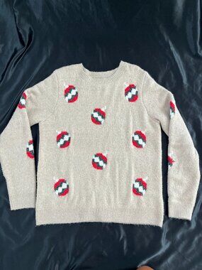 Christmas Sweater Tan with Red Ornaments Large holiday festive